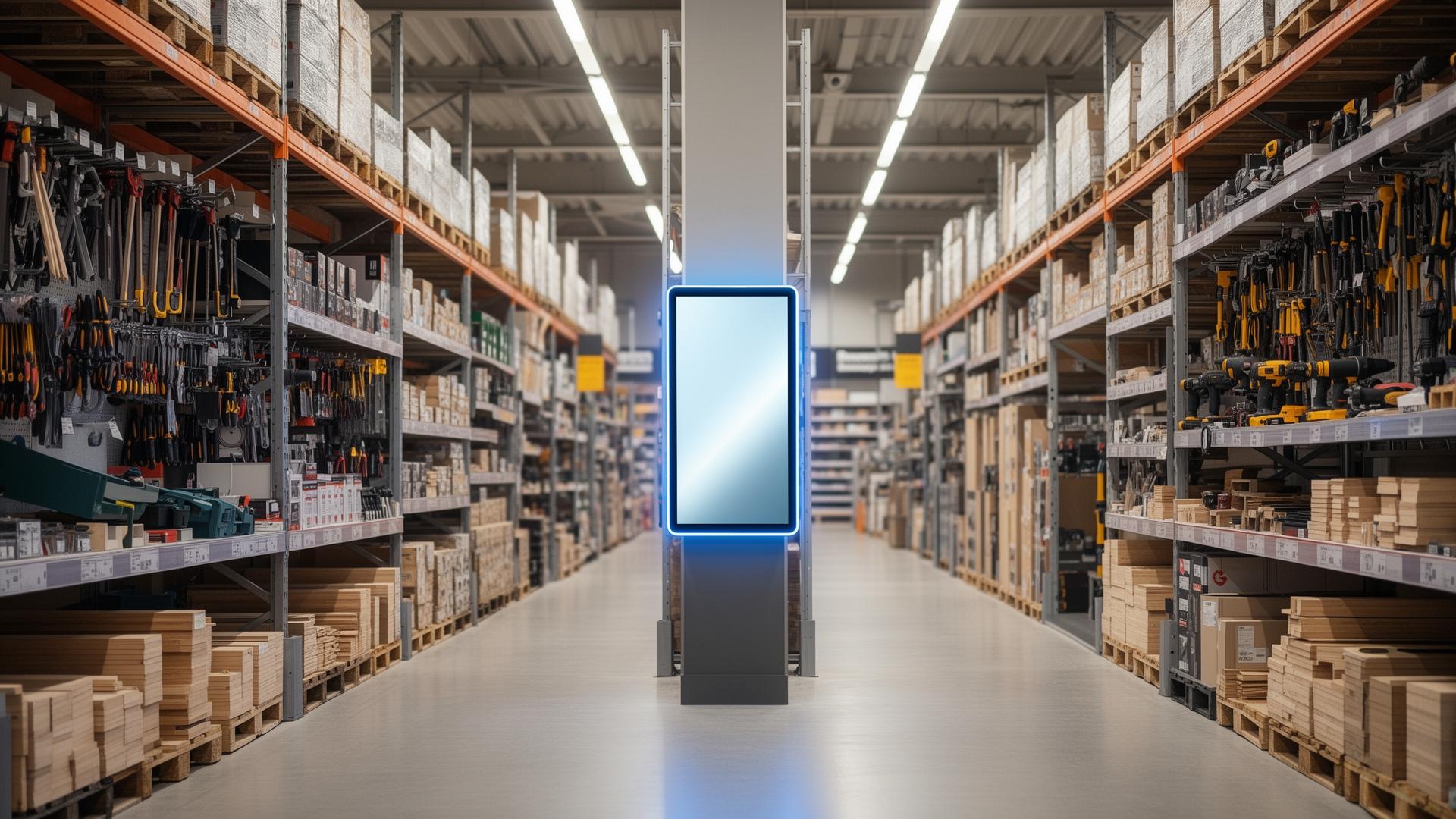Bouwmarktgang met slank AI-scherm